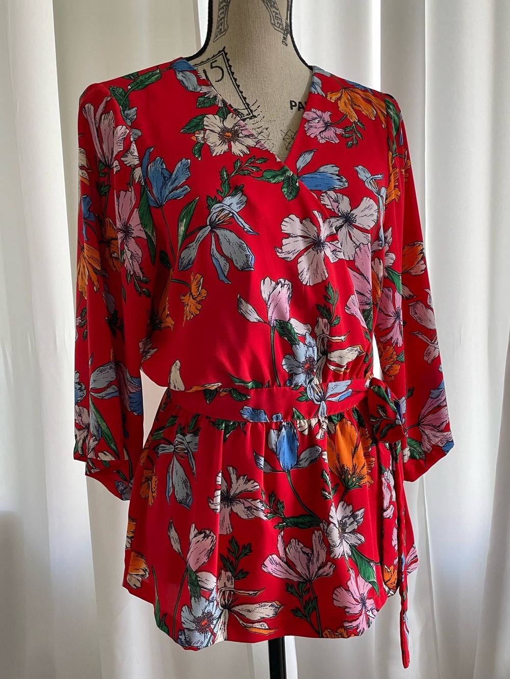 Red Floral Wrap-Style Blouse